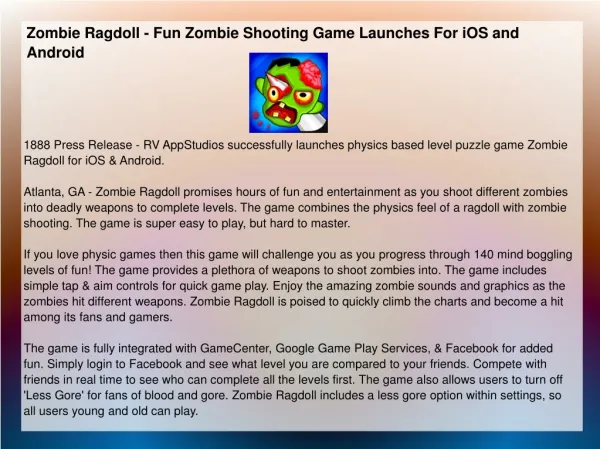 Zombie Ragdoll - Fun Zombie Shooting Game Launches For iOS a