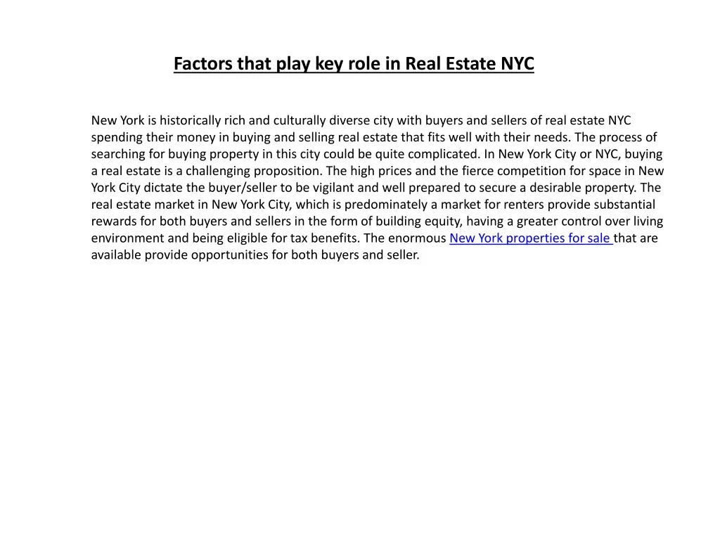 factors that play key role in real estate nyc