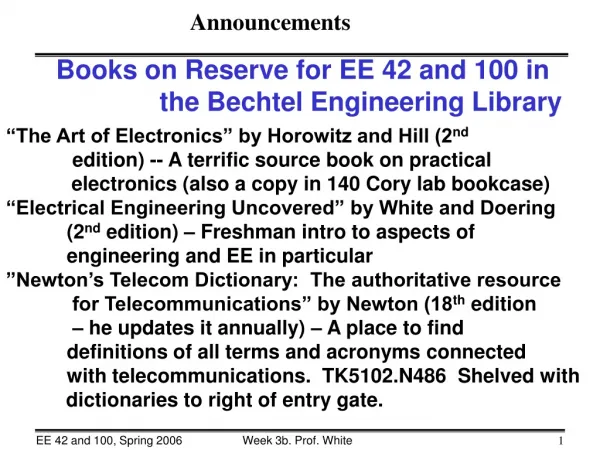 Books on Reserve for EE 42 and 100 in the Bechtel Engineering Library