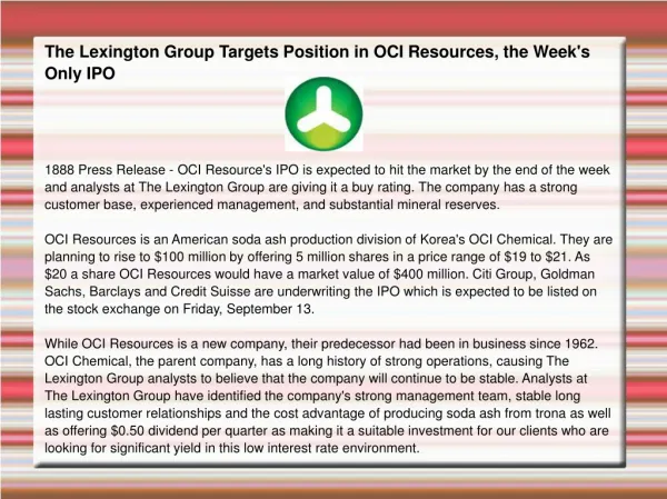 The Lexington Group Targets Position in OCI Resources