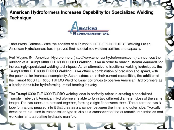 American Hydroformers Increases Capability for Specialized
