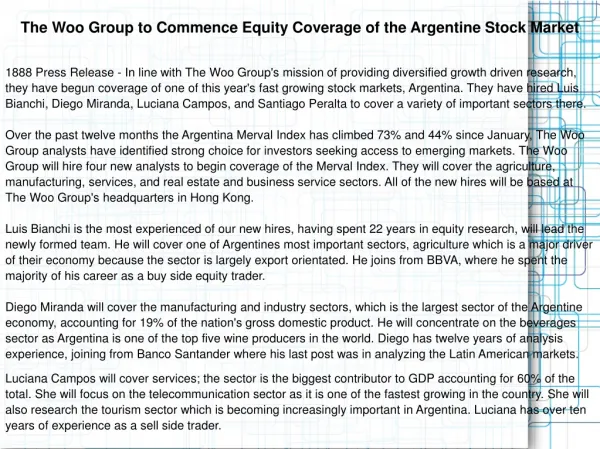 The Woo Group to Commence Equity Coverage of the Argentine