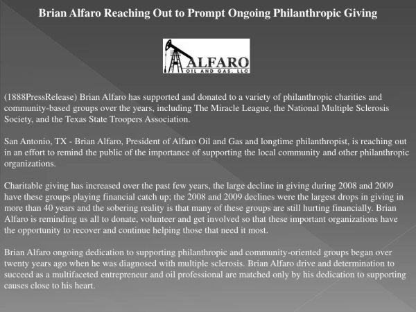 brian alfaro reaching out to prompt ongoing philanthropic gi