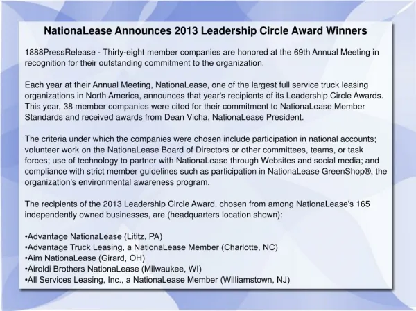 NationaLease Announces 2013 Leadership Circle Award Winners