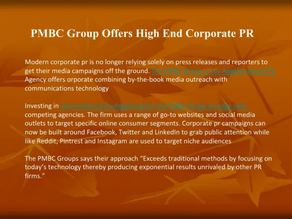 PMBC Group Offers High End Corporate PR