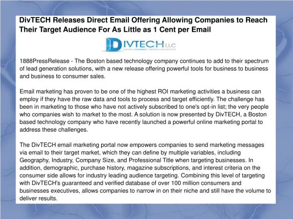 DivTECH Releases Direct Email Offering Allowing Companies
