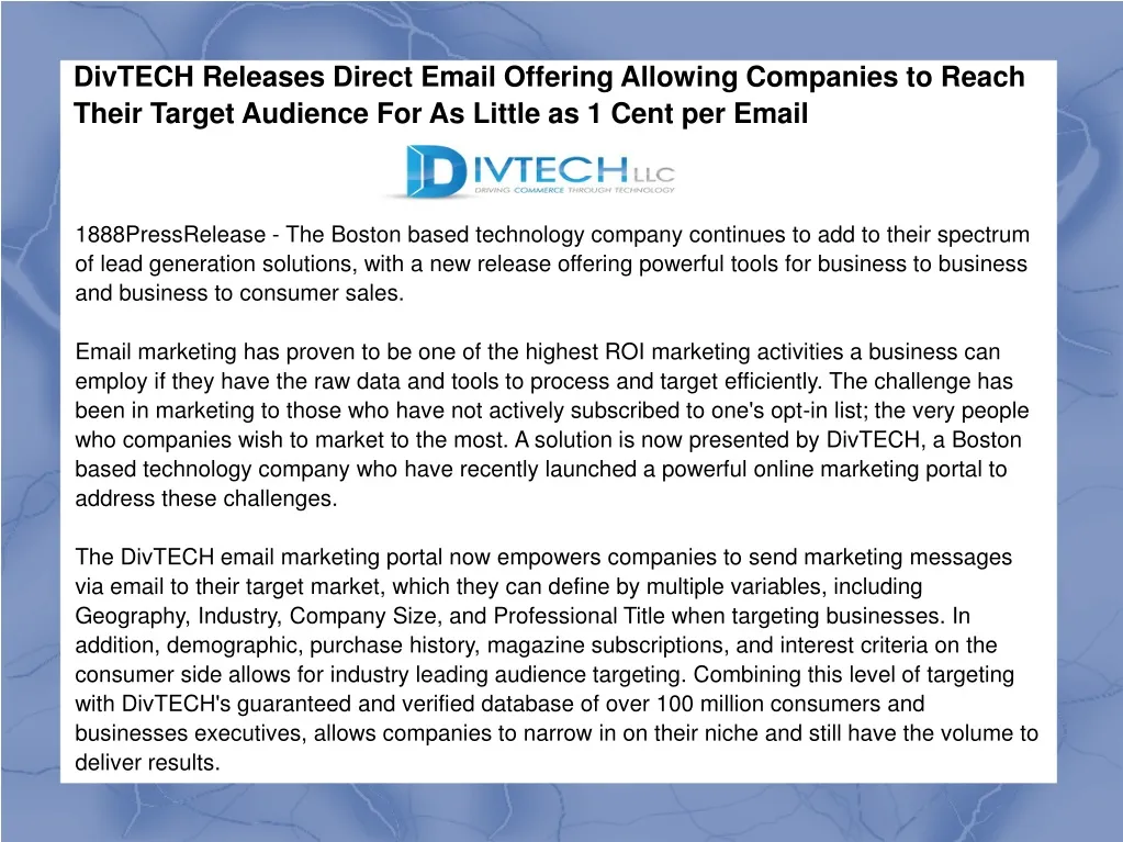 divtech releases direct email offering allowing