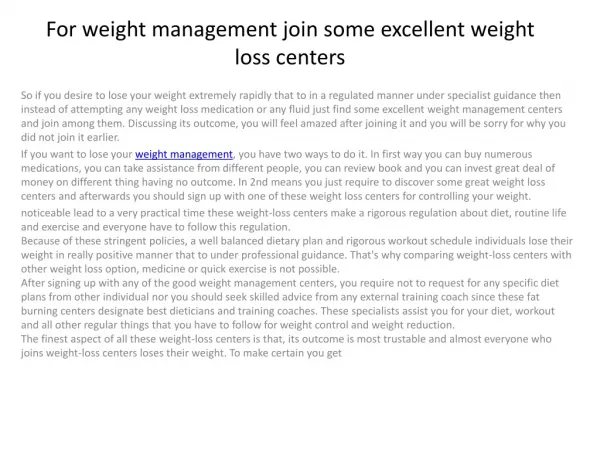 for weight management join some excellent weight loss centers