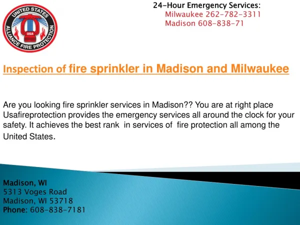 Inspection of fire sprinkler in Madison and Milwaukee