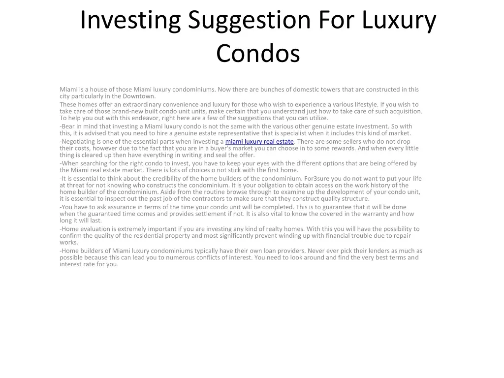 investing suggestion for luxury condos