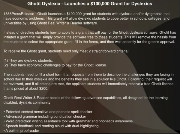 Ghotit Dyslexia - Launches a $100,000 Grant for Dyslexics