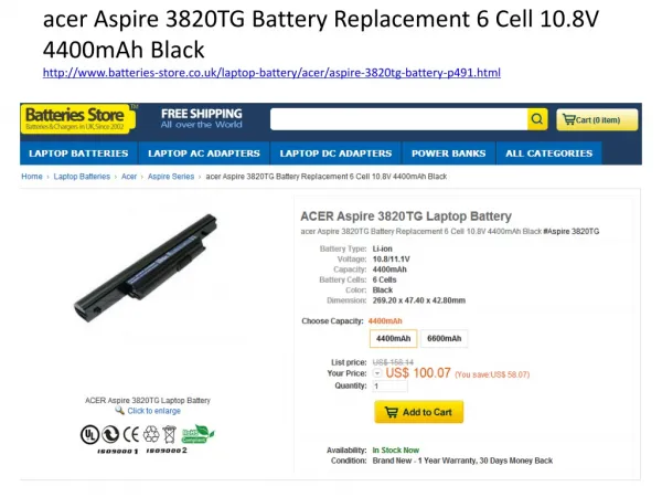 acer Aspire 3820TG Battery Replacement 6 Cell 10.8V 4400mAh