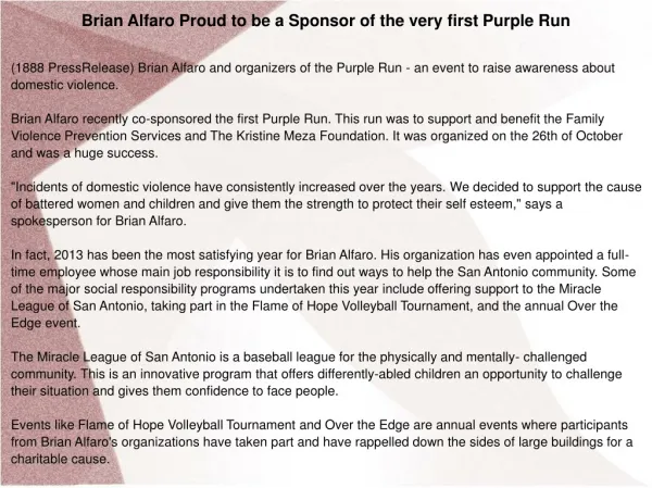 Brian Alfaro Proud to be a Sponsor of the very first Purple