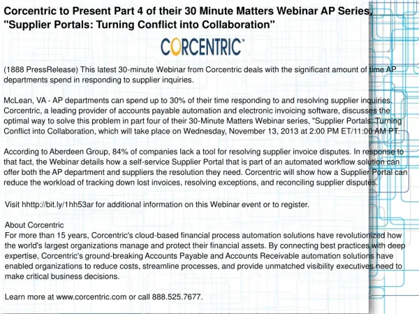 Corcentric to Present Part 4 of their 30 Minute Matters