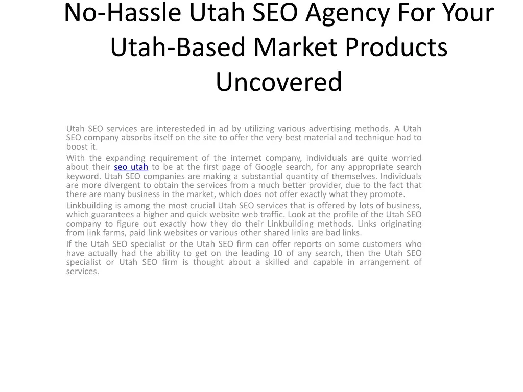 no hassle utah seo agency for your utah based market products uncovered