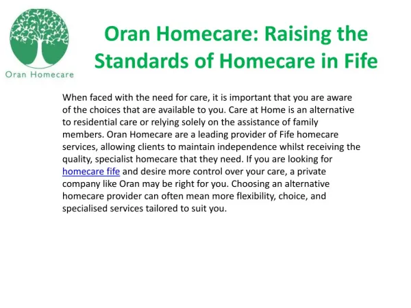 Oran Homecare: Raising the Standards of Homecare in Fife