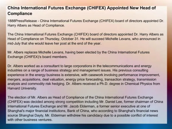 China International Futures Exchange (CHIFEX)
