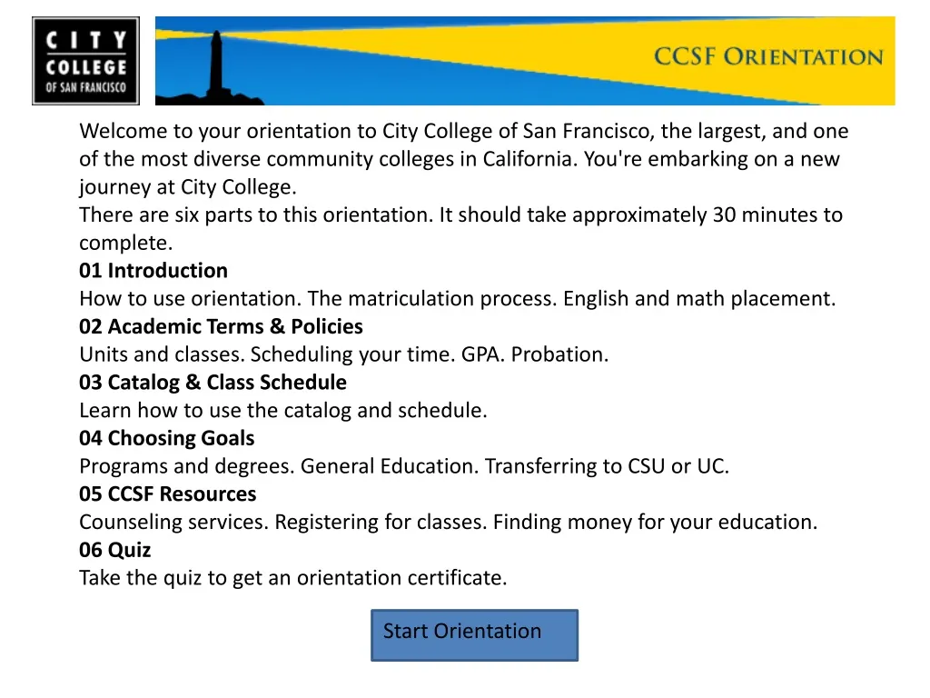 welcome to your orientation to city college