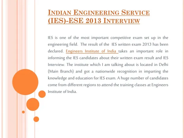 Indian Engineering Service (IES)-ESE 2013 Interview