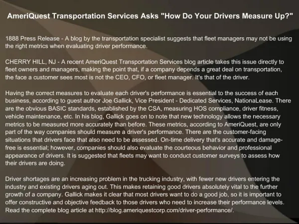 AmeriQuest Transportation Services Asks How Do Your Drivers