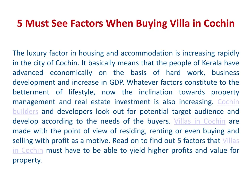 5 must see factors when buying villa in cochin