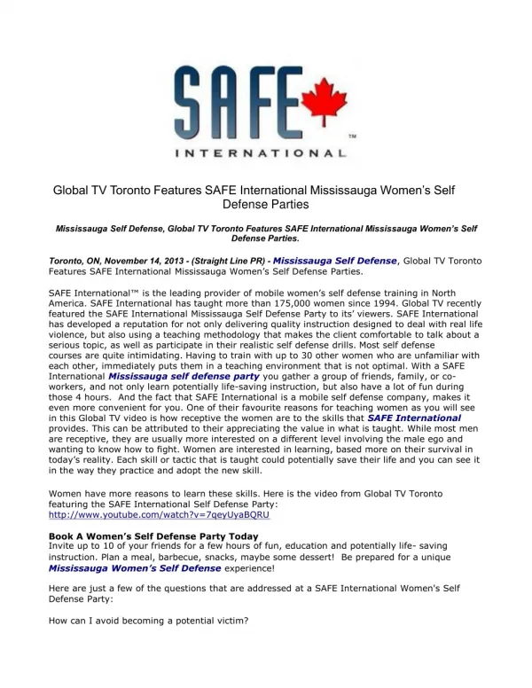 Global TV Toronto Features SAFE International Mississauga Wo