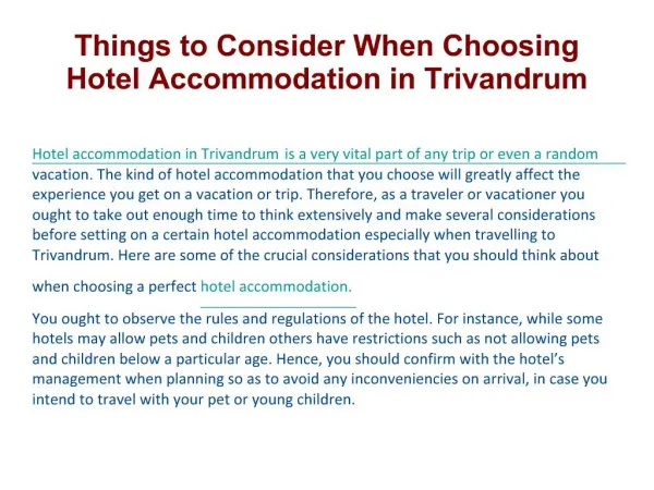 Things to Consider When Choosing Hotel Accommodation in TVM