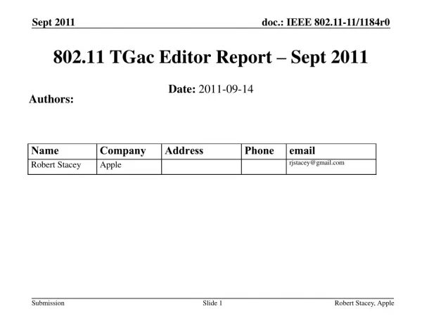 802.11 TGac Editor Report – Sept 2011