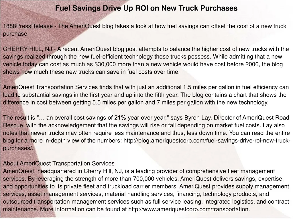 fuel savings drive up roi on new truck purchases