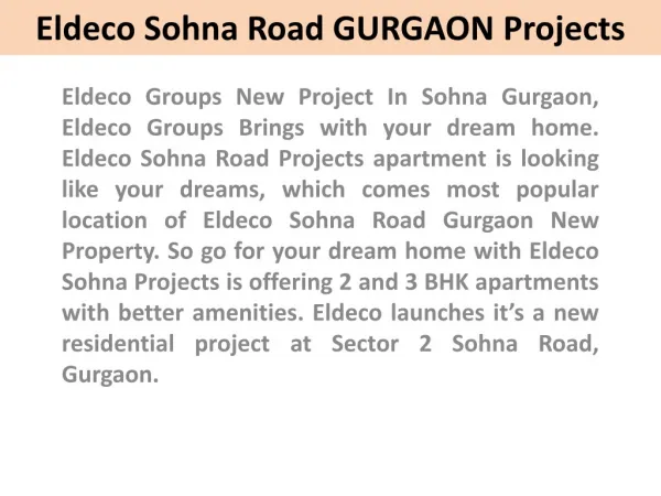 Eldeco Sohna Projects !! 91 9899606065!! Eldeco Sohna Road