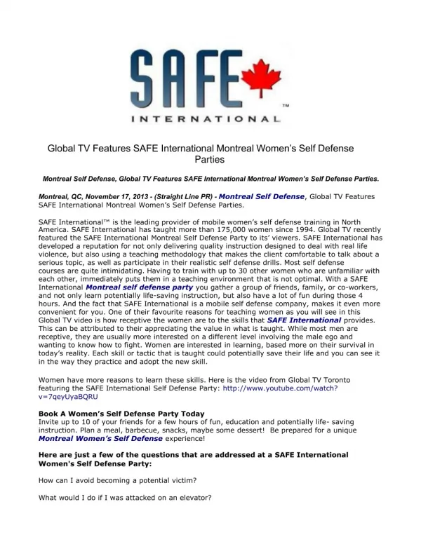 Global TV Features SAFE International Montreal Women