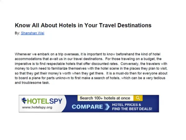 Know All About Hotels in Your Travel Destinations