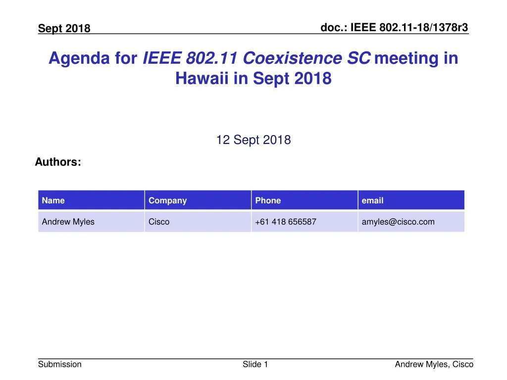 agenda for ieee 802 11 coexistence sc meeting in hawaii in sept 2018