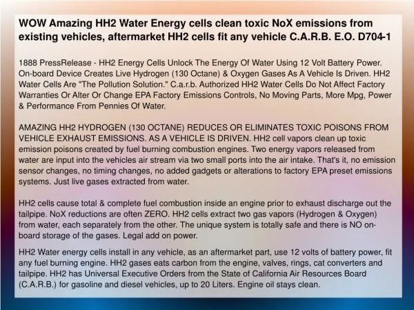 WOW Amazing HH2 Water Energy cells clean toxic NoX emissions