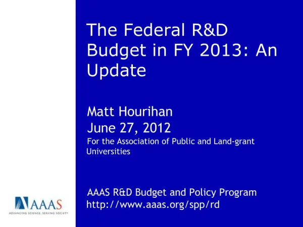 The Federal RD Budget in FY 2013: An Update