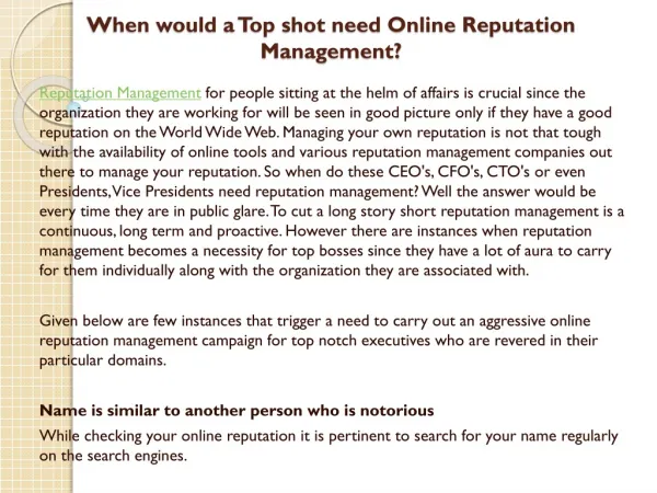 When would a Top shot need Online Reputation Management?