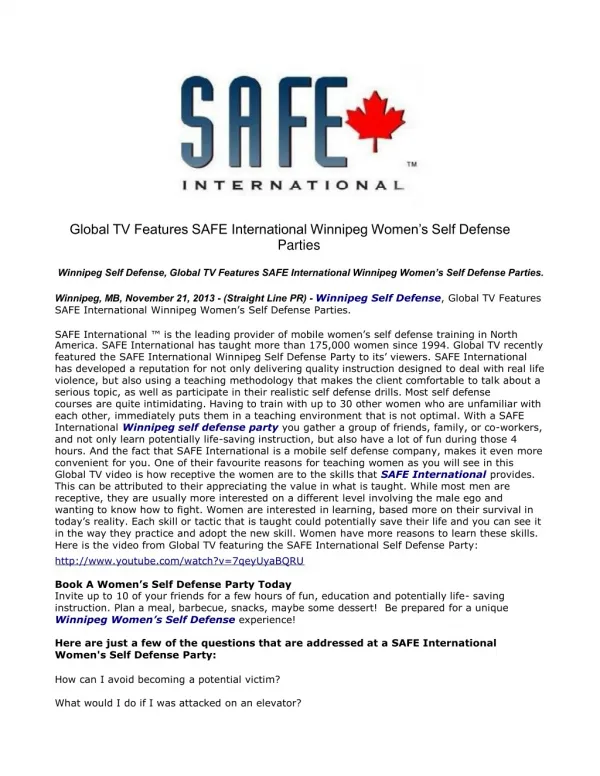 Global TV Features SAFE International Winnipeg Women