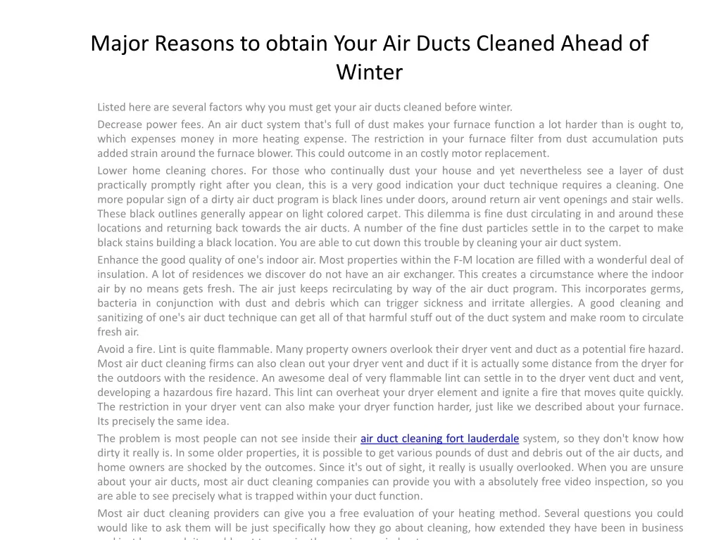 major reasons to obtain your air ducts cleaned ahead of winter