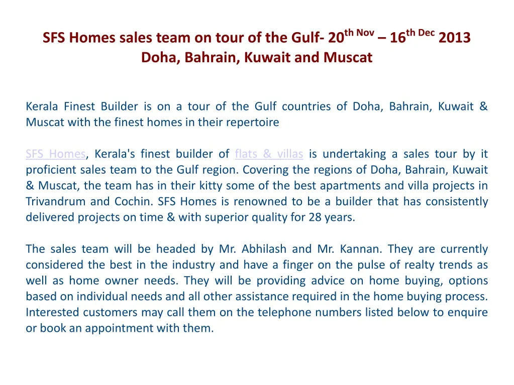 sfs homes sales team on tour of the gulf 20 th nov 16 th dec 2013 doha bahrain kuwait and muscat