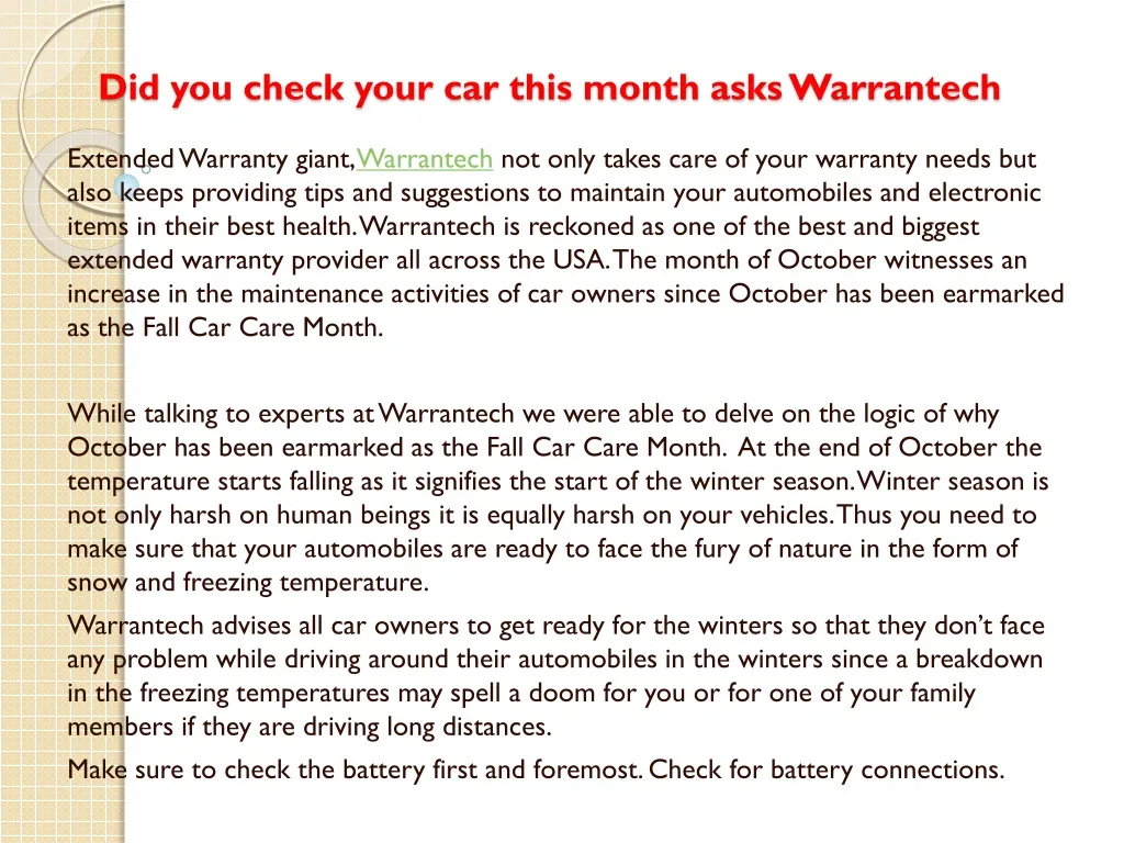 did you check your car this month asks warrantech