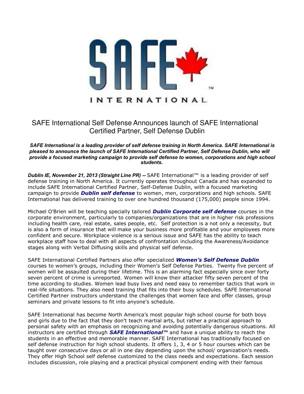 safe international self defense announces launch