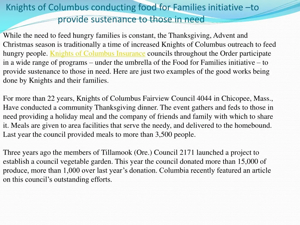 knights of columbus conducting food for families initiative to provide sustenance to those in need