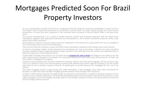 Mortgages Predicted Soon For Brazil Property Investors