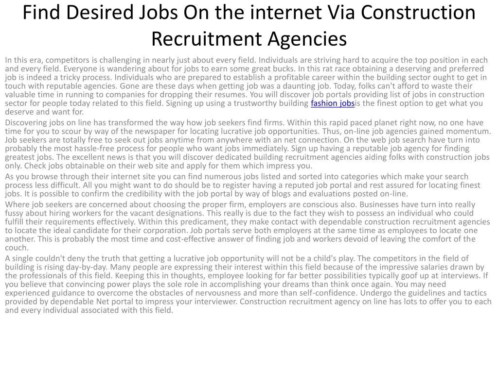 find desired jobs on the internet via construction recruitment agencies