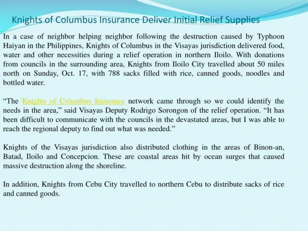 Knights of Columbus Insurance Deliver Initial Relief Supplie