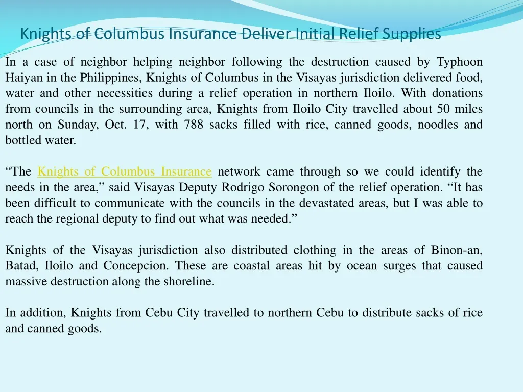 knights of columbus insurance deliver initial relief supplies