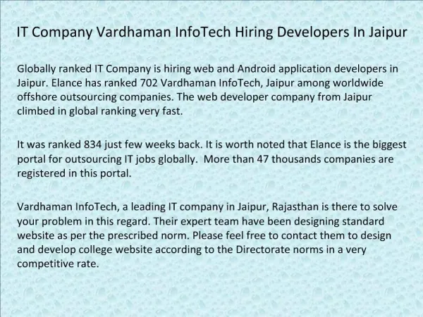 IT Company Vardhaman InfoTech Hiring Developers In Jaipur