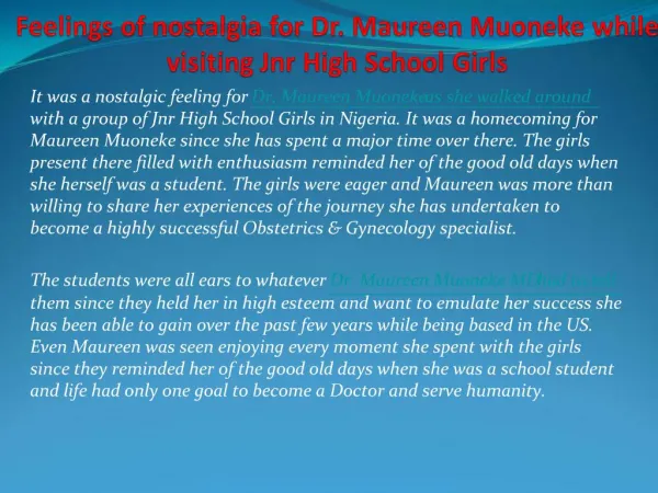 Feelings of nostalgia for Dr. Maureen Muoneke while visiting