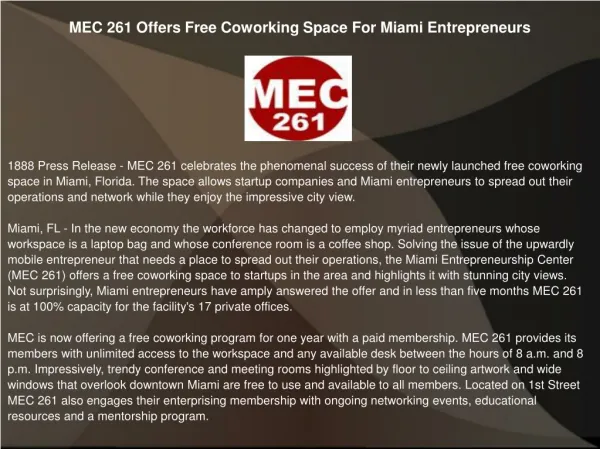 MEC 261 Offers Free Coworking Space For Miami Entrepreneurs