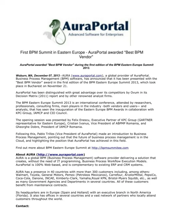 First BPM Summit in Eastern Europe - AuraPortal awarded "Bes